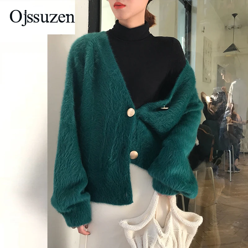 

Mink Cashmere Sweater Jackets Women With Button Autumn Coats Cashmere Cardigans Female V Neck Black Green