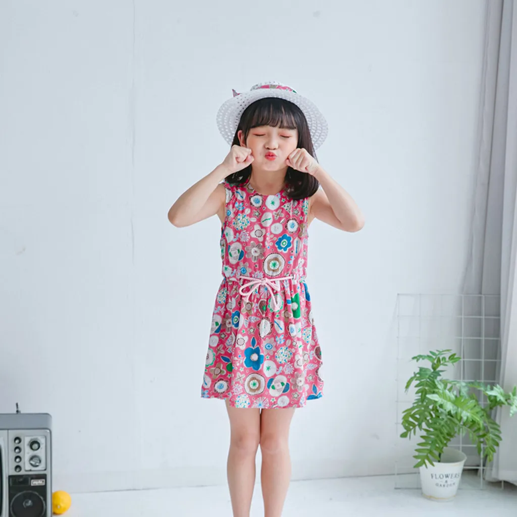Toddler Baby Kids girls dress Floral Flowers Ruched Strap Summer Princess Dress 2-7 Years old children clothes summer #B