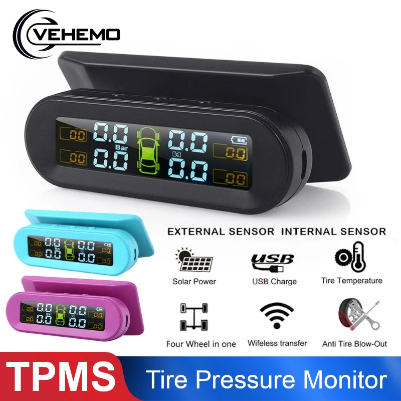 

Wireless TPMS Tire Pressure Monitoring System with 4 External Sensor Car Tyre Pressure Sensor Alarm Solar USB Charge Windshield