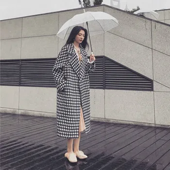 

Jacket 2019 new long section Korean student black and white houndstooth plus cotton wool wild thin coat