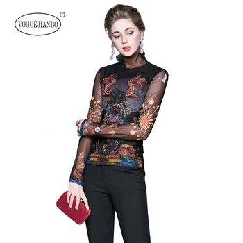 

2020 Spring women's long-sleeved T-shirt vintage printed stretch-gauze bottoming shirt fashion sexy camisa feminina tee shirt
