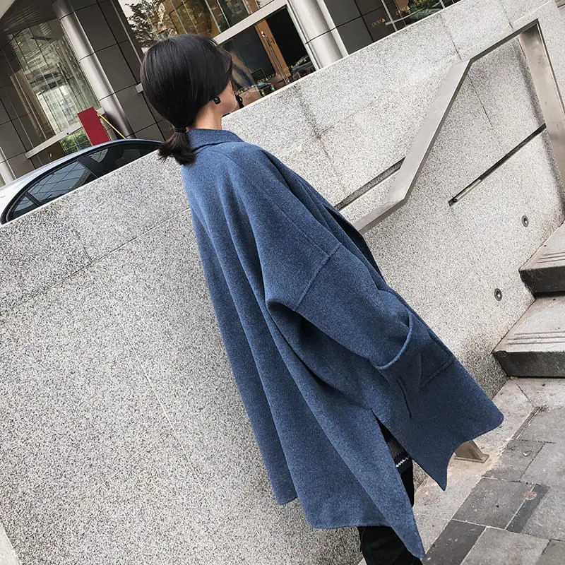 Новое свободное шерстяное пальто женские осенние и зимние куртки кашемировые дикие однотонные Женские Длинные Верхняя одежда плюс размер f1850 - Цвет: blue