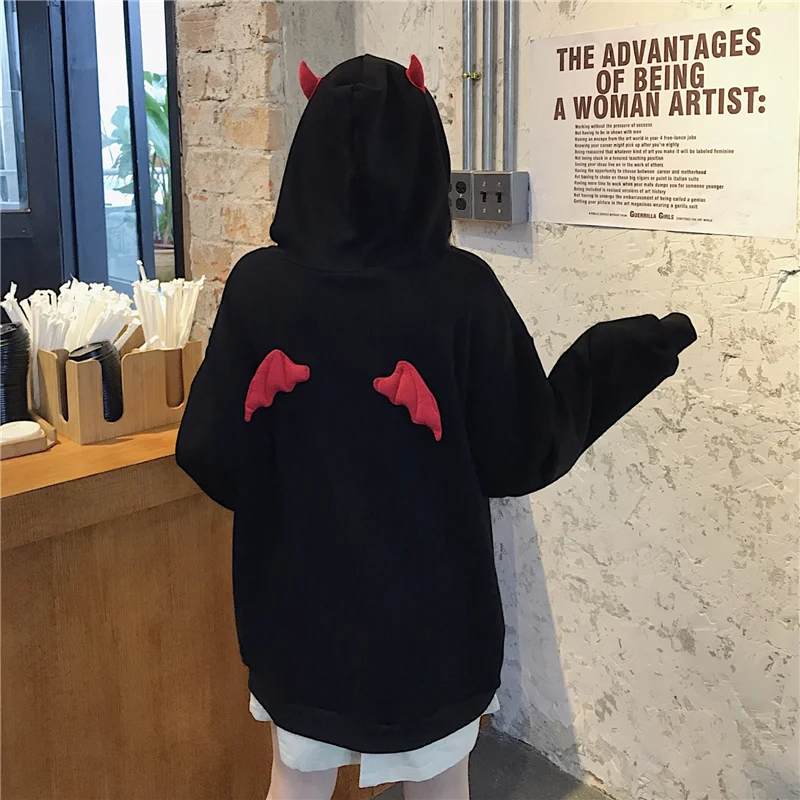 Devil Horn Hoodie Streetwear Devil Hoodie Gothic Hooded Hoody Women Loose Black Hooded Pollovers Sweatshirts Oversized Harajuku