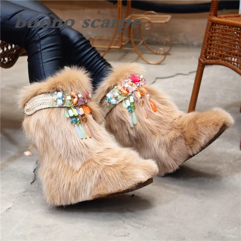 Кожаные зимние сапоги на лисьем меху с кристаллами в богемном стиле