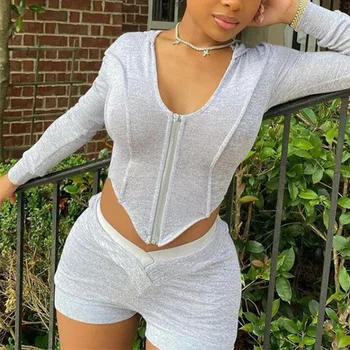

Uefezo Casual Long Sleeve Bodycon Women Matching Sets Hooded Workout Active Wear 2 Piece Outfits Corset Top And Pants Shorts Set