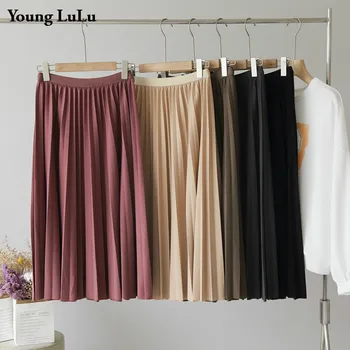 

2020 High Waist Women Skirt Casual Vintage Solid Pleated Midi Skirts Lady Fashion Elegant Simple Mujer Faldas