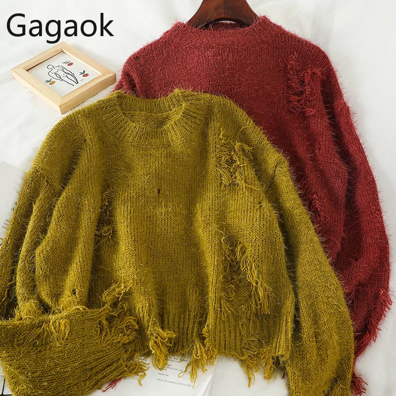 Gagaok, женские свитера, новинка, вязанные, Круглый ворот, сплошное отверстие, повседневные, полые, свободные, весна, осень, женская мода, верхняя одежда, пуловер