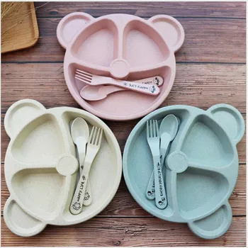 

Cubs Children's Dinner Set Wheat Straw Creative Tableware Baby Dish Tray Breakfast Tray Addition Fork and Spoon kitchen supplies