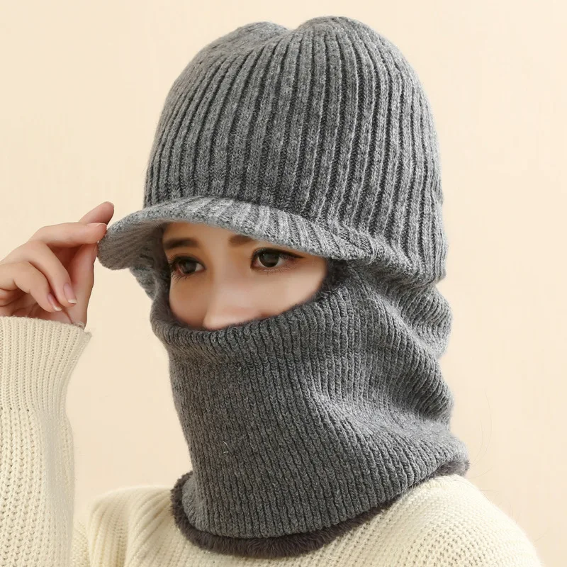 Gray A2 Женские теплые шапки осень/зима маска женская зимняя шапка однотонная вязаная шапка шарф Набор круглая Лыжная Шапка s Женская плотная вязаная шапочка - Цвет: Gray A2