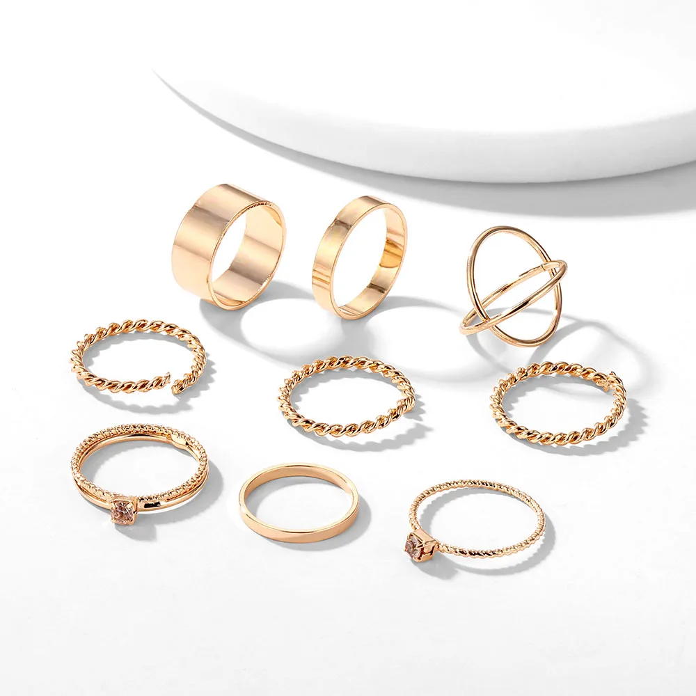 FAMSHIN 8 Pcs/Set Fashion Design Round Gold Color Rings Set For Women Handmade Geometry Finger Ring Set Female Jewelry Gifts