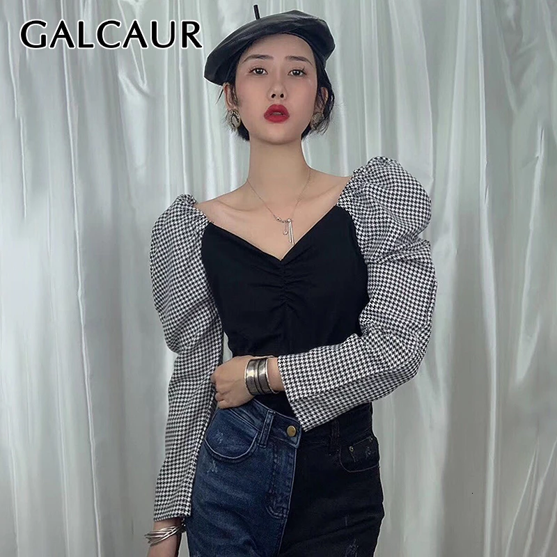 GALCAUR корейский стиль, лоскутные популярные цветные женские футболки с вырезом лодочкой, с пышными рукавами, с рюшами, сексуальные рубашки для женщин, Осень-зима