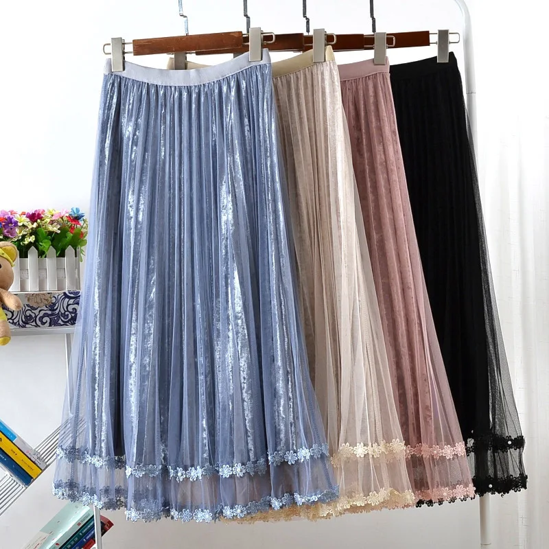 Gold Velvet High Waist Pleated Skirt Mesh Tulle Lace Stitching Sequin Bead Plus Size Two-tiered black Long Skirts women Clothes