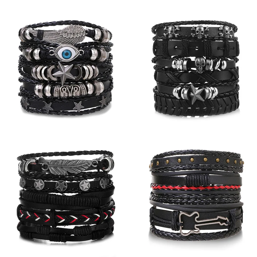 DAXI Punk Multilayer Leather Bracelet Set bracelet jewelry Eye Wings Star Charms Beads Bracelets For Man Party Gothic Jewelry Punk Wrap Wristband
