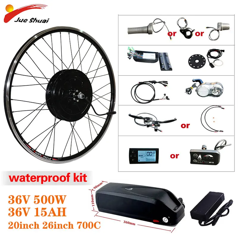 Electric Bike Conversion Kit 500W Motor Wheel 36V 15AH Lithium Battery Ebike Kit 26inch 700C Front/Rear Hub Motor e-Bike Engine