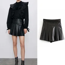 Za/юбка-брюки, плиссированная мини-юбка, кожаная юбка с высокой талией, женская черная повседневная юбка на молнии сбоку, ropa mujer chic faldas mujer moda