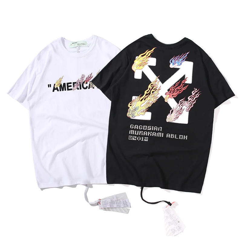 Разноцветная Футболка с принтом пламени и стрелы, 19ss, Off-White OW, для мужчин и женщин, модные модели для влюбленных, хлопковая Повседневная футболка с короткими рукавами и круглым вырезом