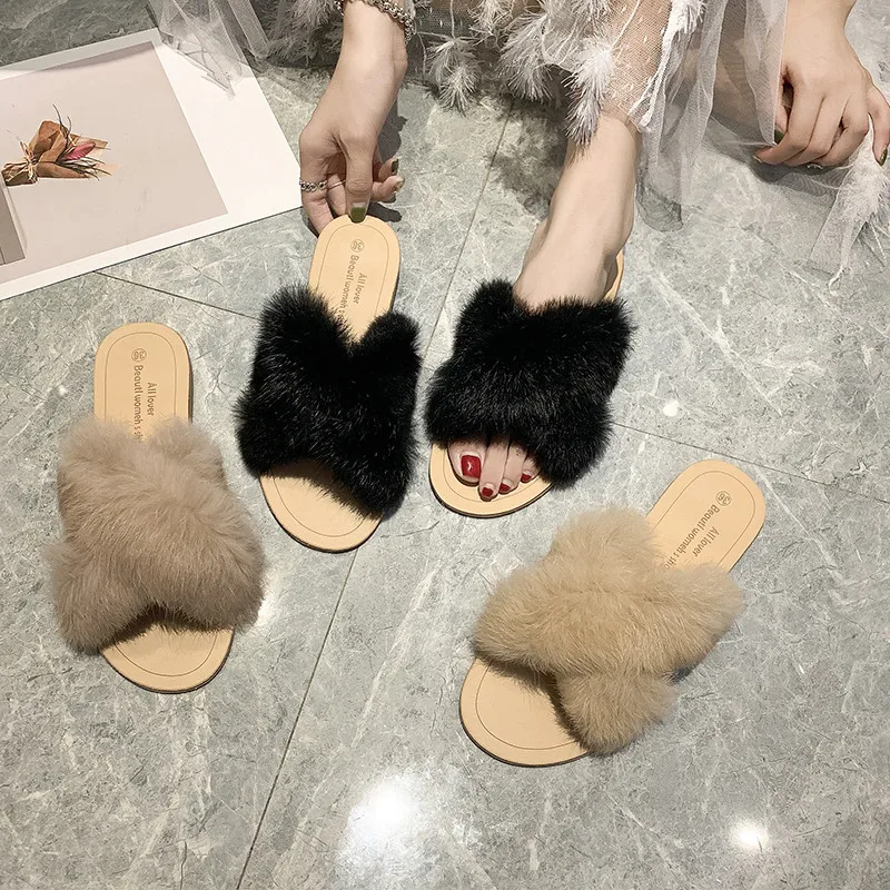 

Shoes Women's Slippers 2019 Pokemon Plush Shallow Flock Luxury Slides Low New Flat Fur Designer Soft PU Fashion Rubber