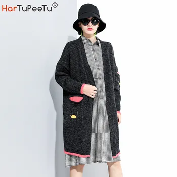 

Autumn Women Cardigan Sweater Plus Size Long Knitwear with Pockets Patchwork Colour Block Plain Solid Casual Streetwear