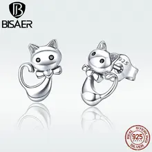 Серьги BISAER Cat, 925 пробы, серебряные серьги-гвоздики с животными для женщин, модные ювелирные изделия для девочек, подарок для детей, Brincos GXE450