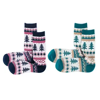 

2 Pairs Mens Harajuku Cotton Crew Socks Stripes Ethnic Pine Tree Print Hosiery