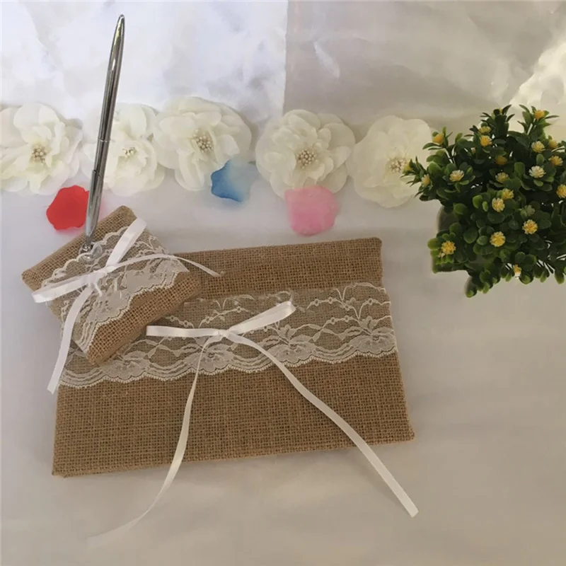

Vintage Lace Jute Ribbon Wedding Party Guest Book Register Pen Holder Set