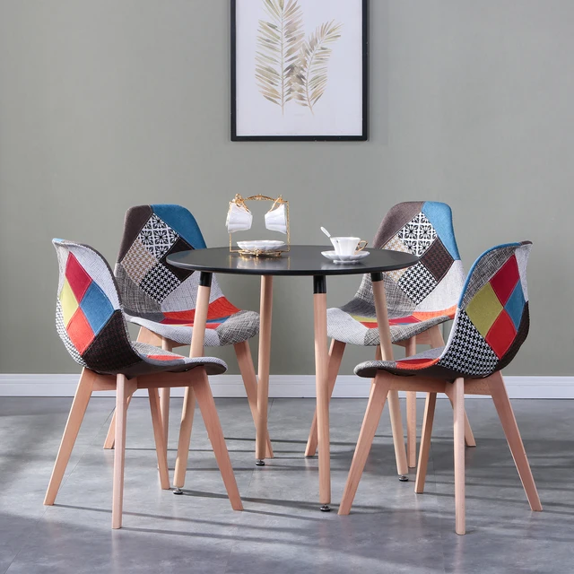 Set 2 Sedie Da Pranzo Moderne Con Braccioli - Patchwork Lino E Gambe In Faggio, Blu O Rosso - Foto 9