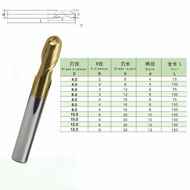 

CNC Tool 2 Blade Tungsten Steel Ball Milling Cutter 60-Degree Paintcoat Ball-End Spiral Lengthen Cutter