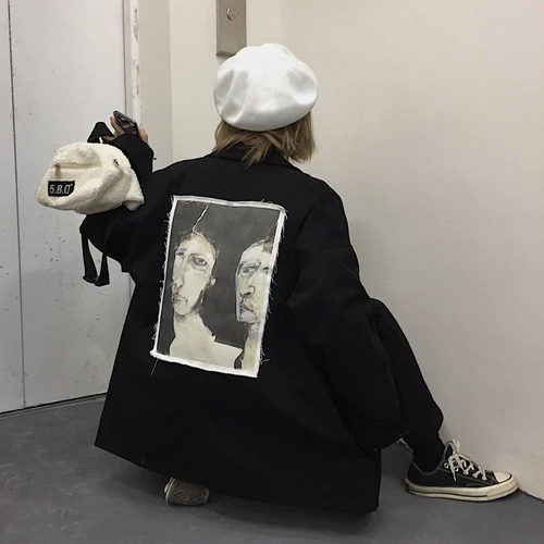 Harajuku Женская куртка уличная Ретро абстрактный принт длинный рукав Свободные пиджаки Харадзюку готический панк Мода черная верхняя одежда унисекс - Цвет: Black Jacket