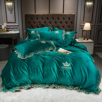 

Luxury Crown Embroidery Winter Velvet Flannel Fleece Lace Bedding set Duvet Cover Bed Linen Fitted Sheet Pillowcases Queen King