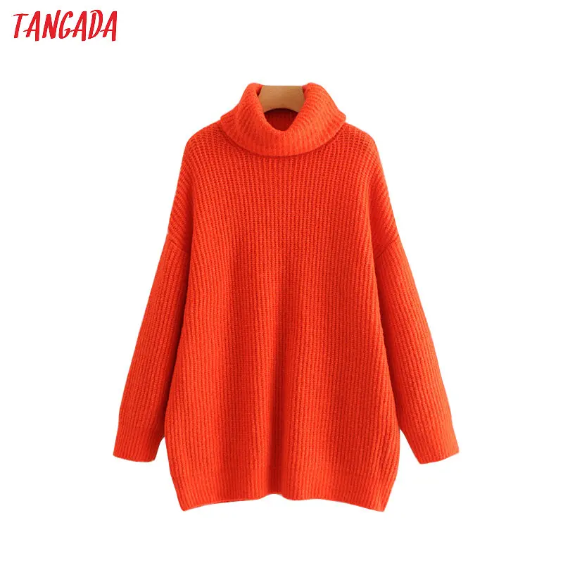 orange red Tangada Женские однотонные джемперы с воротником свитера оверсайз осень зима длинный свитер пальто рукав "летучая мышь" Свободный Трикотаж Топ HY31 - Цвет: orange red