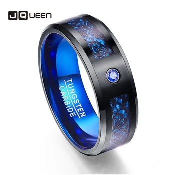 

AAA Quality Foreign Trade Carbon Fiber Scrub Blue Zircon Men Rings 100% Tungsten Carbide Anillos para hombres Black Dragon