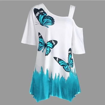 

Summer Blouses One Shoulder Irregular Top Women Butterfly Printed Tee Female Plus Size Loose Tee Top Streetwear