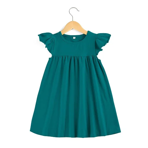 Хлопок, летнее простое однотонное платье с рукавами-крылышками для маленьких девочек - Цвет: teal