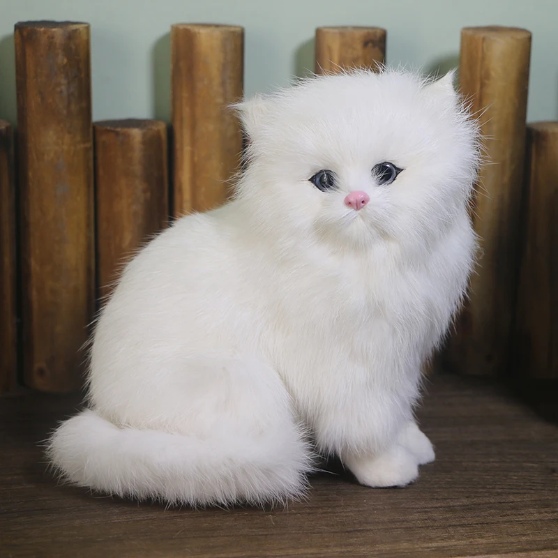 Lifelike White Persian Cat Figurine Rabbit Fur Realistic Furry Animal Plush Toy 