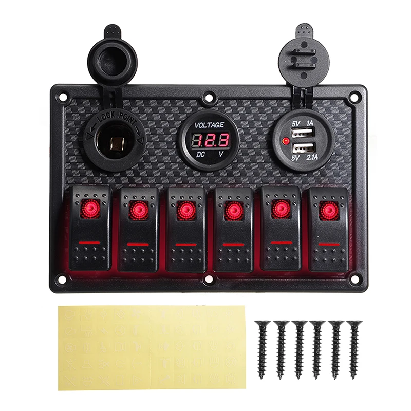 6 Gang Red LED Car Switch Panel 12V 24V Circuit Breakers Overload Protect Boat Rocker Switch Control Panel Set