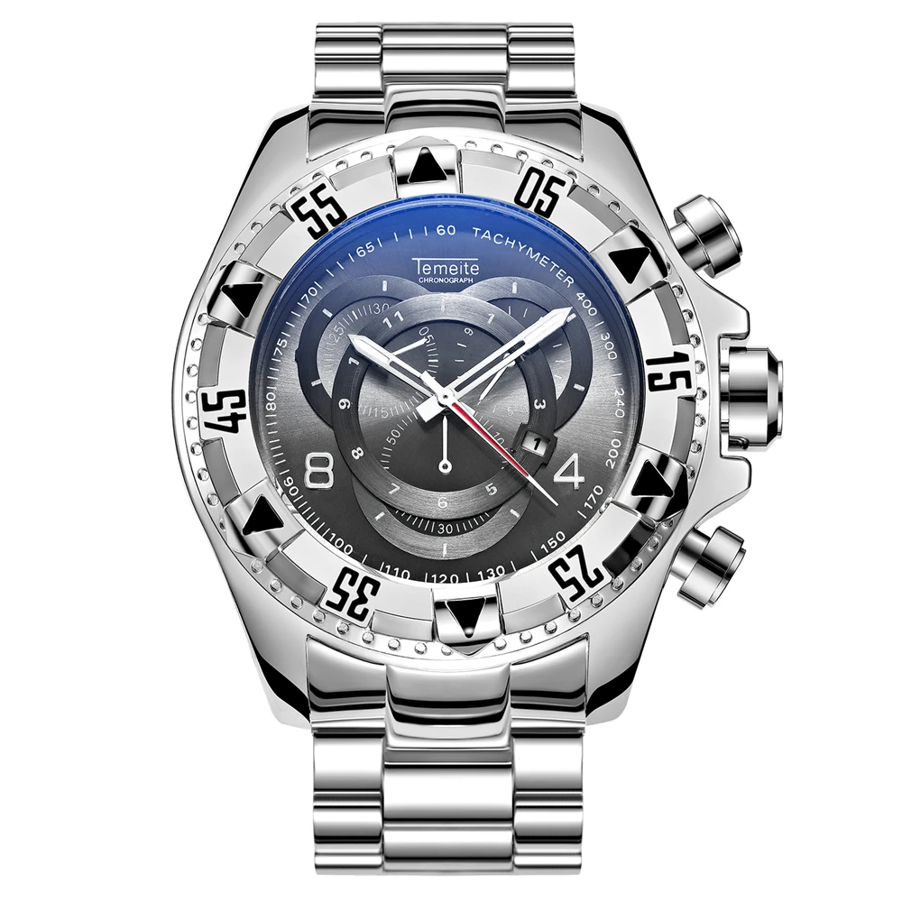 TEMEITE модные негабаритные кварцевые часы мужские военные мужские s часы лучший бренд класса люкс стальной ремешок дисплей с датой аналоговый синий наручные часы - Цвет: SILVER BLACK