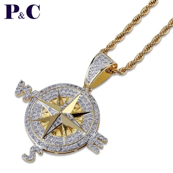 

Compass Necklace & Pendant Men's Iced Out Bling Cubic Zircon Hip Hop pendant Gold Silver Color Charm for mens jewelry