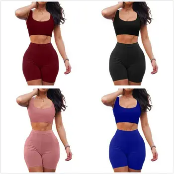 

Summer Women Set Sexy Backless Sexy Elastic Fitness Casual Solid Color Tank Vest Crop Tops + High Waist Short Pants