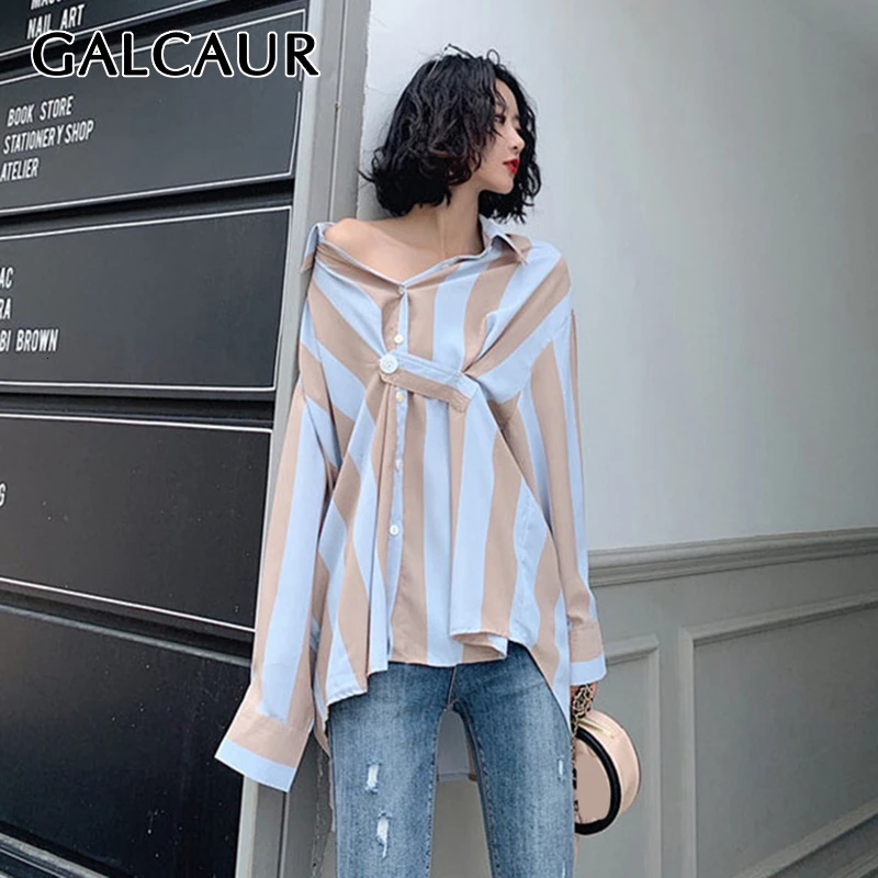 GALCAUR Korean Striped Hit Color Women's Shirt Lapel Collar Long Sleeve Large Size Loose Female Blouses 2020 Autumn Fashion New |
