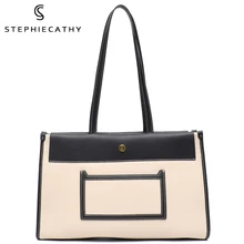 

SC Women Luxury Genuine Leather Top-Handle Bag Contrast Color Design Shopping Tote Handbag Female Large Fashion Shoulder Purse