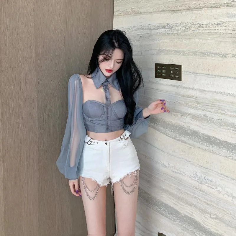 Women Mesh Sheer Blouse See-through Long Sleeve Crop Top Single-breasted Shirt Blouse Fashion Backless Sexy Shirt Female 3