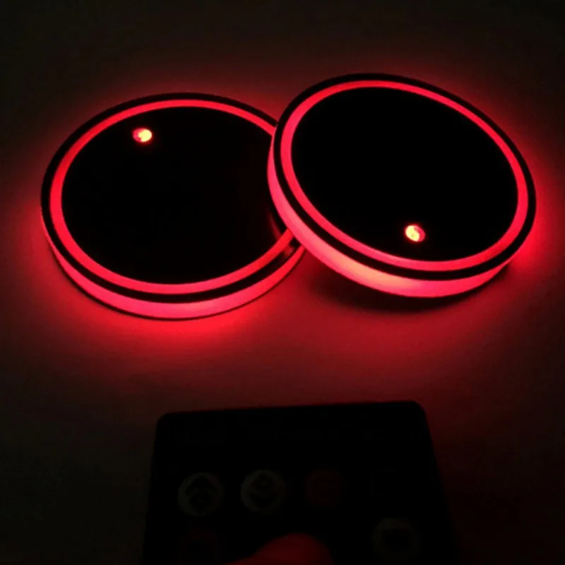 GUANGGU LED Car Logo Cup Holder Pad 7 Colors Changing USB Charging Mat LED Cup Mat Car Atmosphere Lamp Decoration Lights 2PCS for Benz