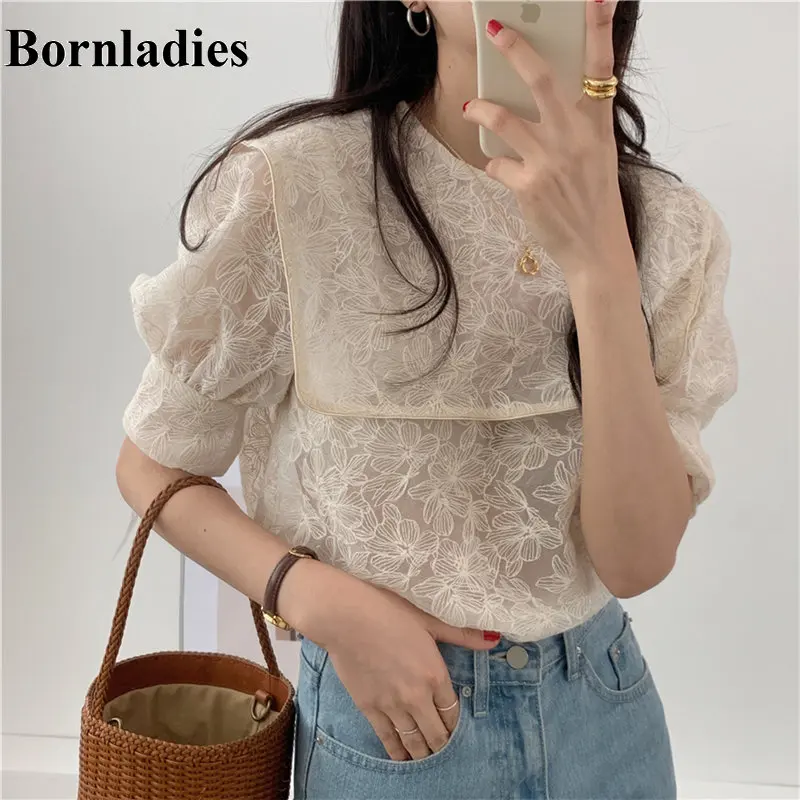 Bornladies Navy Style Lapel Embroidery Lace Cute 2020 High Quality Chic Lady Gentle Half Sleeves Sweet Girls Loose Shirt Tops |