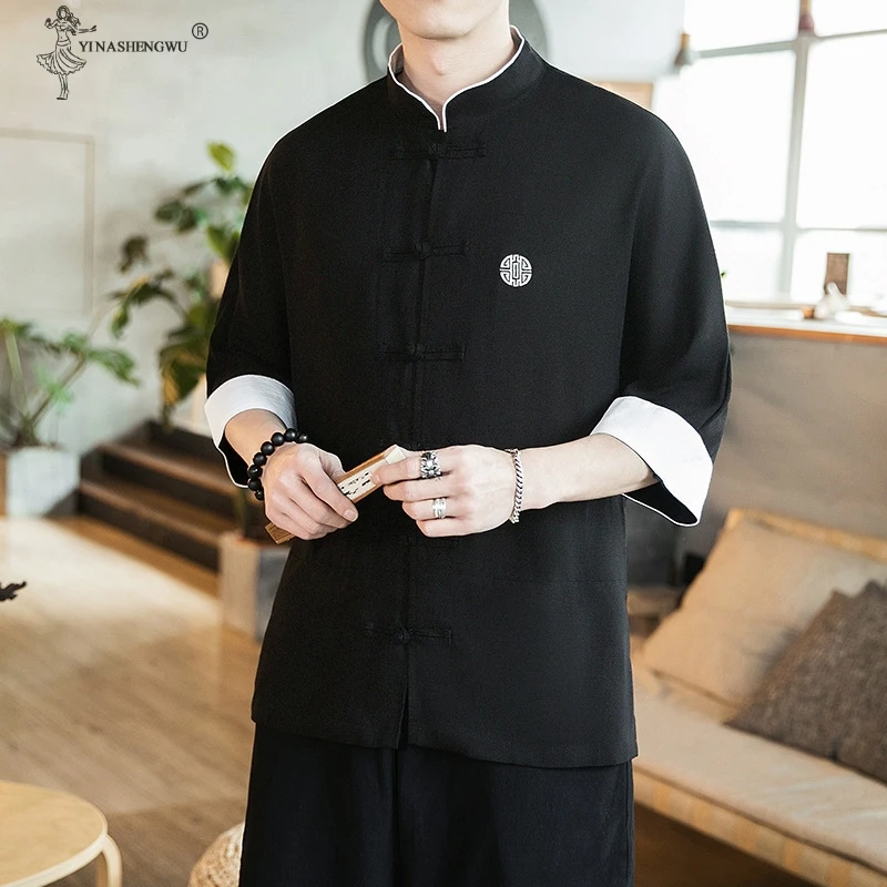 

New China Style Mens Tops Tang Suit Linen Long Sleeve Middle Sleeve Solid Traditional Kung Fu China Style Hanfu Shirt Plus Size