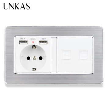 

UNKAS Stainless Steel Brushed Panel EU Standard Wall Socket with 2 USB + Telephone Connector and RJ45 Internet Jack