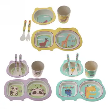 

5Pcs/Set Baby Feeding Tableware Set Bamboo Fiber Cartoon Children Dishes Tableware Dinnerware Kids Bowl Fork Spoon Cup Plate Set