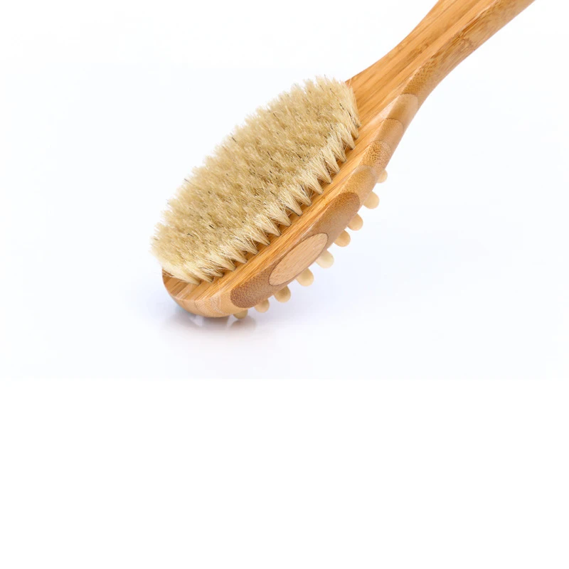 40cm 2-in-1 Double Sided Natural Bristle Bamboo Long Handled Bath Shower Back Spa Massage Dry Skin Body Tool