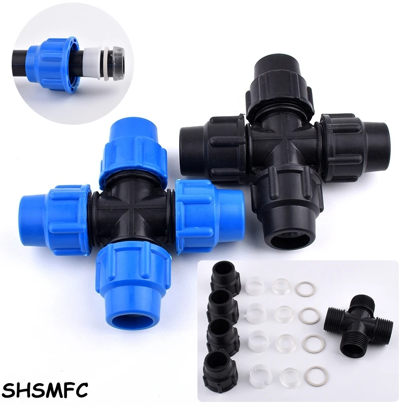 

1Pc 20/25/32/40/50/63mm PVC PE Four-Way Union Joint PE Quick Union Plastic fittings Agricultural Irrigation Accessories