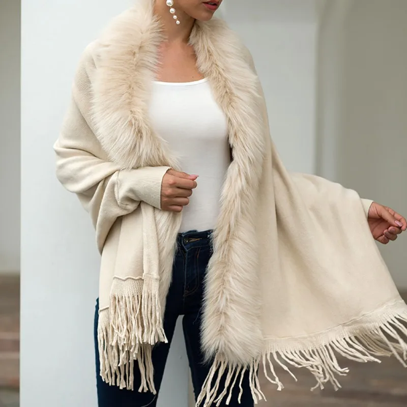 

Cardigan Women Elegant Fake Fox Fur Collar Cashmere Sweater Poncho Long Thick Knitted Tassel Cape Coat Cloak capas de mujer 2019