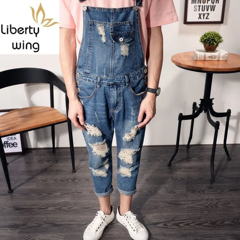 

Overalls Men Summer Fashion Hole Ripped Straight Loose Fit Casual Jumpsuit Washed Zipper Ankle-Length Pants Man Plus Size